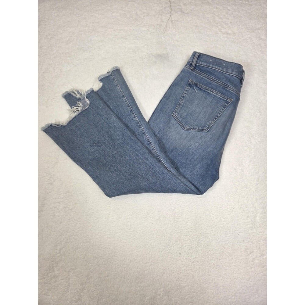 LOFT Outlet High Rise Jeans Womens 12P Blue‎ Flare Crop Raw Hem Cotton Denim
